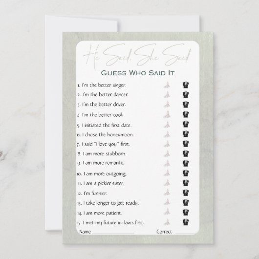 彼は彼女がブライダルシャワーゲームを言った 招待状 (正面)