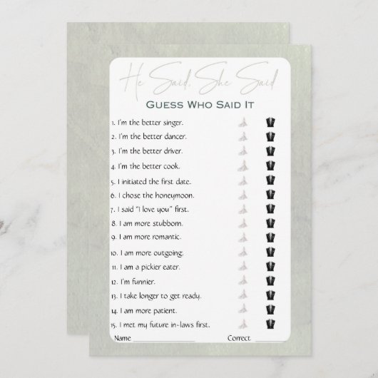 彼は彼女がブライダルシャワーゲームを言った 招待状 (正面/裏面)