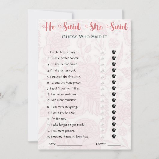 彼は彼女がブライダルシャワーゲームを言った 招待状 (正面)