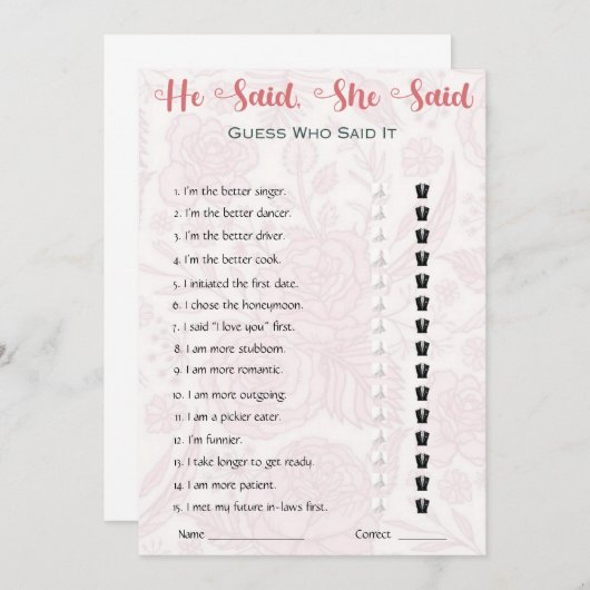 彼は彼女がブライダルシャワーゲームを言った 招待状 (正面/裏面)