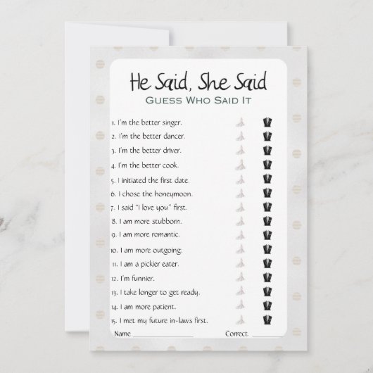 彼は彼女がブライダルシャワーゲームを言った 招待状 (正面)