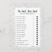 彼は彼女がブライダルシャワーゲームを言った 招待状 (正面/裏面)