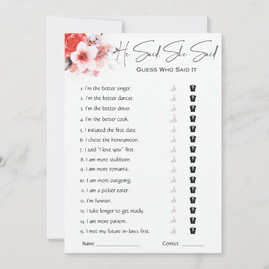 彼は彼女がブライダルシャワーゲームを言った 招待状 (正面)