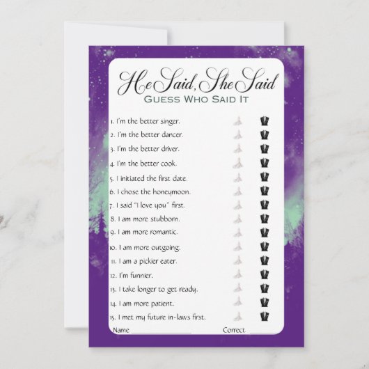 彼は彼女がブライダルシャワーゲームを言った 招待状 (正面)