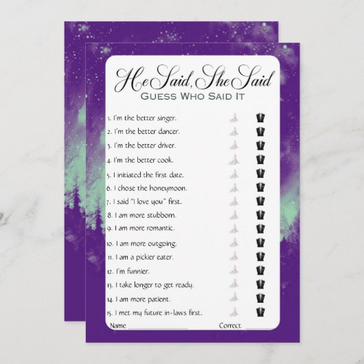 彼は彼女がブライダルシャワーゲームを言った 招待状 (正面/裏面)