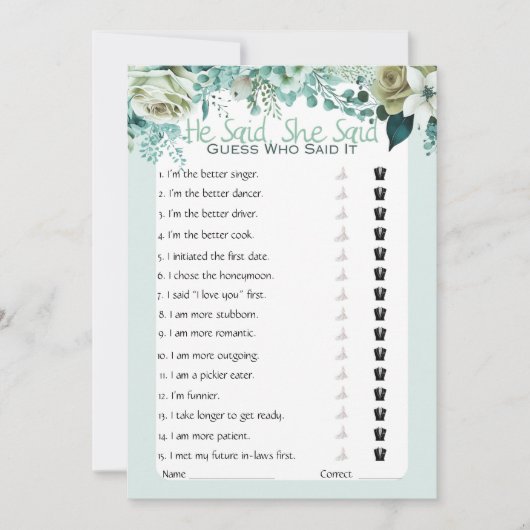 彼は彼女がブライダルシャワーゲームを言った 招待状 (正面)