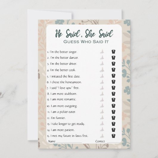 彼は彼女がブライダルシャワーゲームを言った 招待状 (正面)