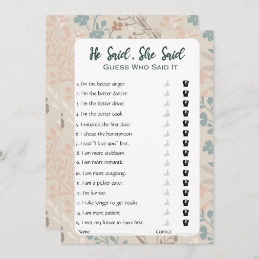 彼は彼女がブライダルシャワーゲームを言った 招待状 (正面/裏面)