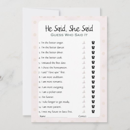 彼は彼女がブライダルシャワーゲームを言った 招待状 (正面)