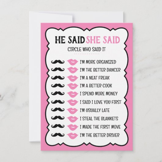 彼は彼女がブライダルシャワーゲームカードを言った (正面)