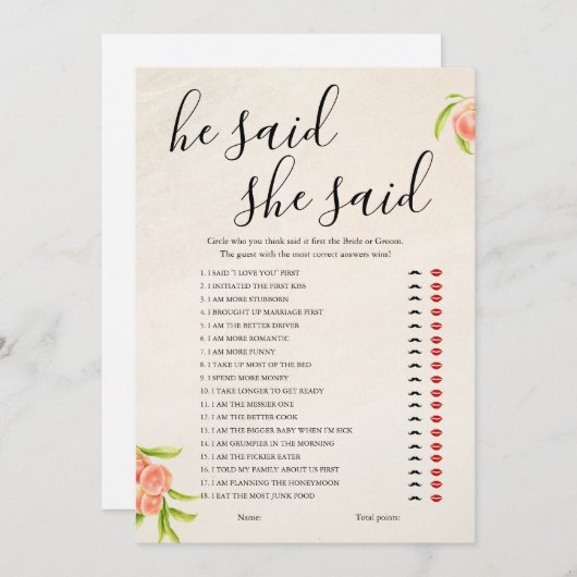 彼は彼女がブライダルシャワーゲームカードを言った シーズンカード (正面/裏面)