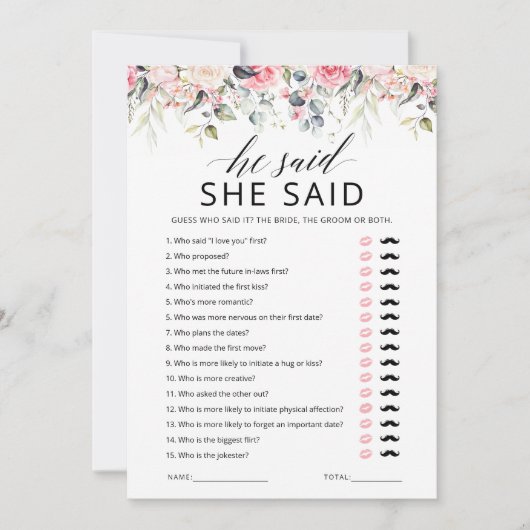 彼は彼女がブライダルシャワーゲームカードを言った 招待状 (正面)