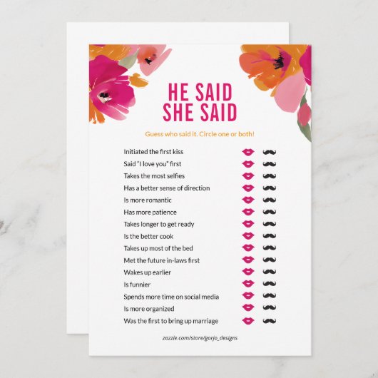 彼は彼女がブライダルシャワーゲームカードフローラと言った 招待状 (正面/裏面)