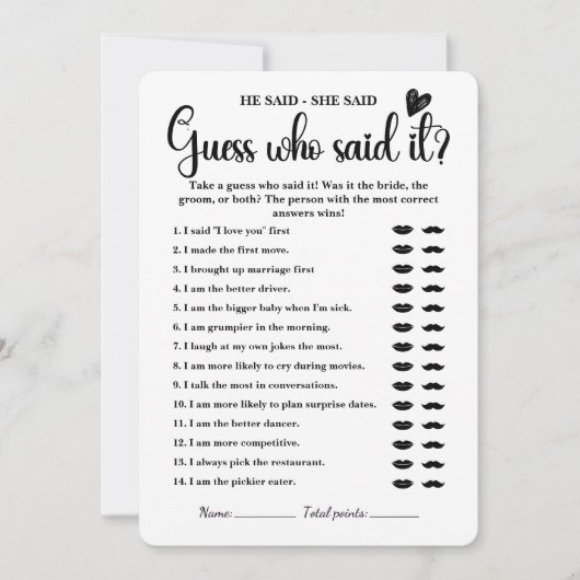 彼は彼女がブライダルシャワーゲームモダンの結婚 招待状 (正面)