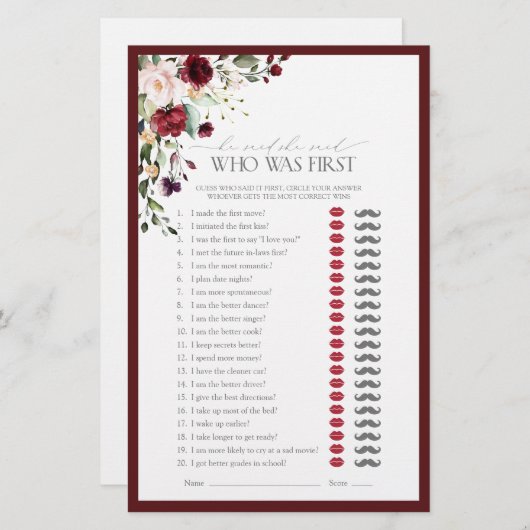 彼は彼女がブルゴーニュのブライダルシャワーゲームを言った (正面/裏面)