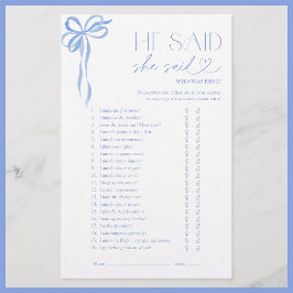 彼は彼女がブルーボウブライダルシャワーゲームを言った