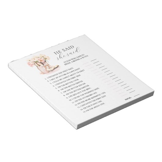 彼は彼女がブーツの泡立つブライダルシャワーゲームを言った ノートパッド (アングル)