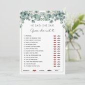 彼は彼女がユーカリブライダルシャワーゲームを言った 招待状 (スタンド正面)