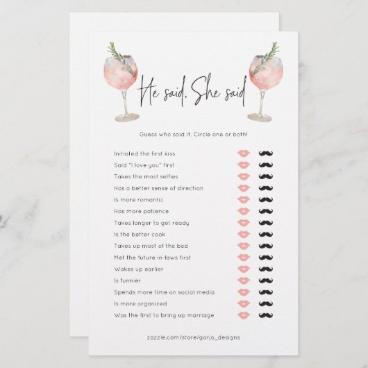 彼は彼女がワインのブライダルシャワーゲームを言った (正面/裏面)