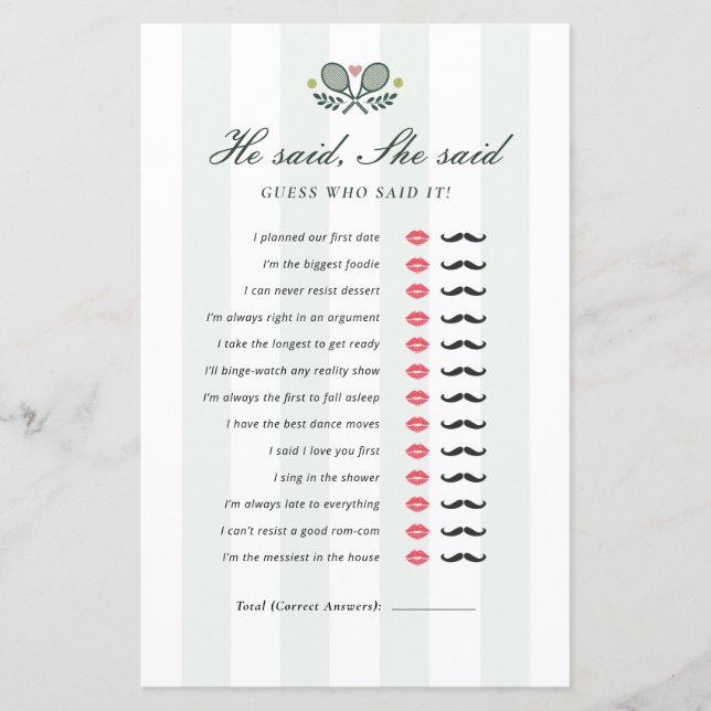 彼は彼女が完璧な試合のブライダルシャワーゲームを言った (正面)