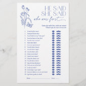 彼は彼女が青いフローラブライダルシャワーゲームを言った (正面)