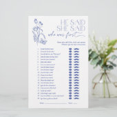 彼は彼女が青いフローラブライダルシャワーゲームを言った (スタンド正面)