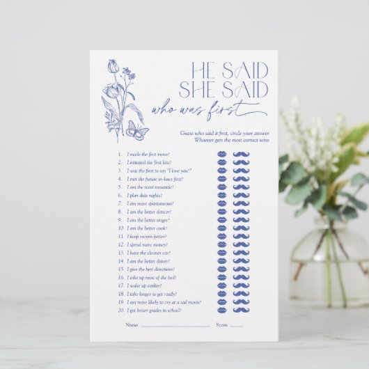 彼は彼女が青いフローラブライダルシャワーゲームを言った (スタンド正面)