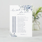 彼は彼女が青いブライダルシャワーのゲームカードを言った 招待状 (スタンド正面)