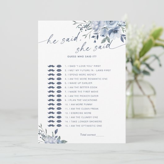 彼は彼女が青いブライダルシャワーのゲームカードを言った 招待状 (スタンド正面)