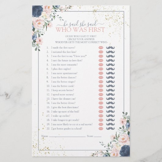 彼は彼女が青い赤面ブライダルシャワーゲームを言った (正面)