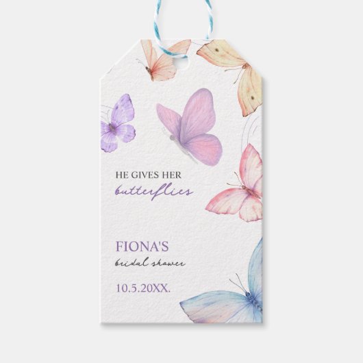 彼は彼女の与え蝶のブライダルシャワー ギフトタグ (正面)