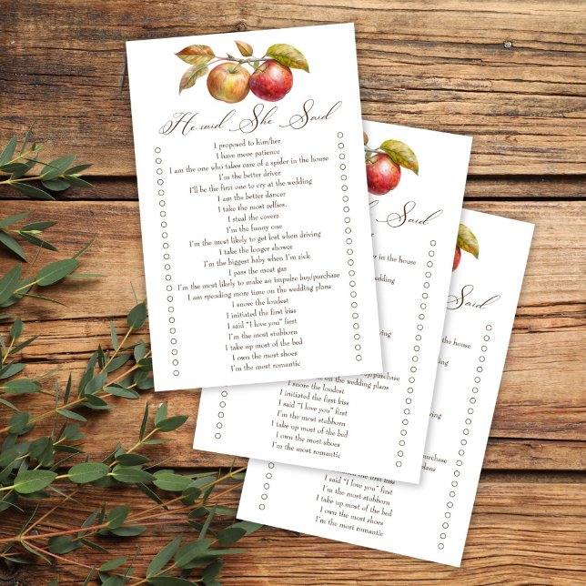 彼は彼女はアップルの秋ブライダルシャワーゲームを言った (He said she said apple fall bridal shower game cards appley ever after bridal shower games)