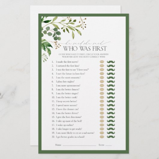 彼は彼女はオリーブグリーンのブライダルシャワーゲームを言った (正面/裏面)