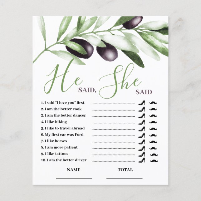 彼は彼女はオリーブ枝のブライダルシャワーゲームと言った (正面)