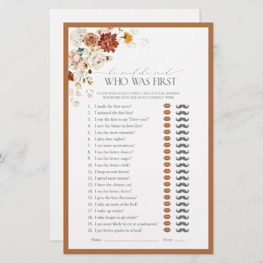 彼は彼女はオレンジのフローラブライダルシャワーゲームを言った (正面/裏面)