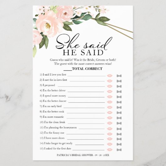 彼は彼女はゲームのピンクの赤面ブライダルシャワーと言った チラシ (正面)