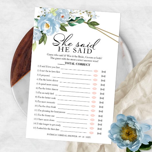 彼は彼女はゲームの埃っぽい青いブライダルシャワーと言った チラシ