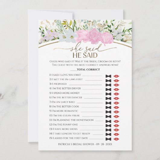 彼は彼女はゲーム春ブライダルシャワーカードと言った 招待状 (正面)