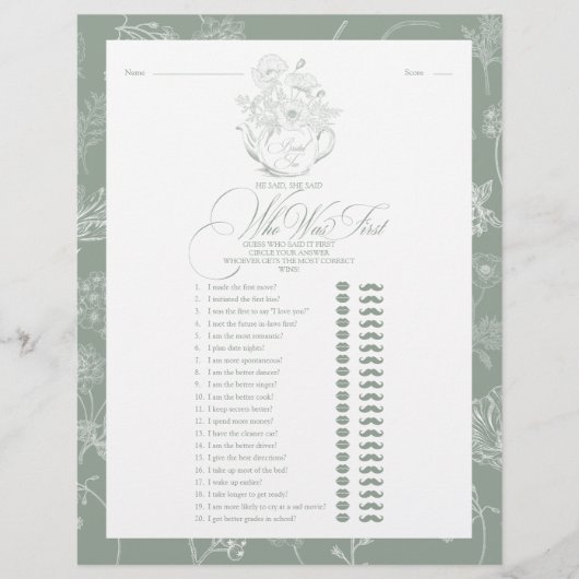 彼は彼女はセージ緑のブライダル茶シャワーゲームを言った (正面)