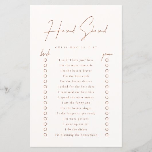 彼は彼女はテラコッタのブライダルシャワーゲームを言った (正面)