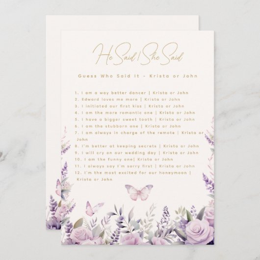 彼は彼女はトリビア蝶のブライダルゲームを言った 招待状 (正面/裏面)