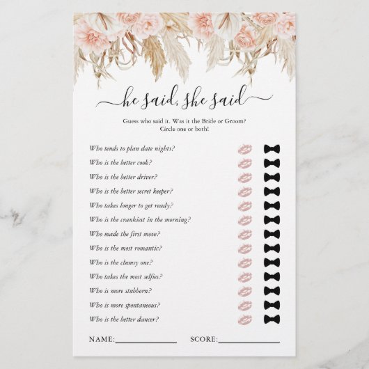 彼は彼女はパンパスグラスブライダルシャワーゲームと言った (正面)