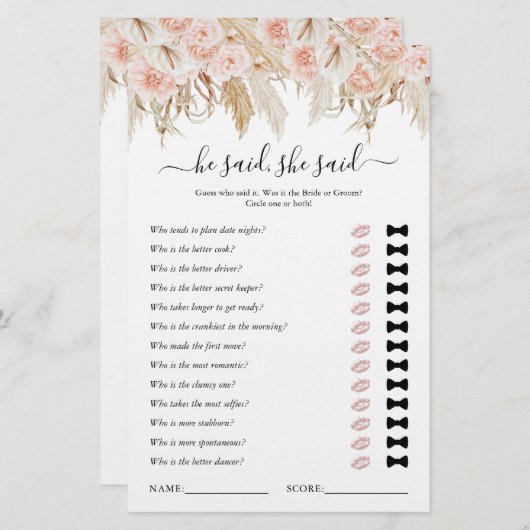 彼は彼女はパンパスグラスブライダルシャワーゲームと言った (正面/裏面)