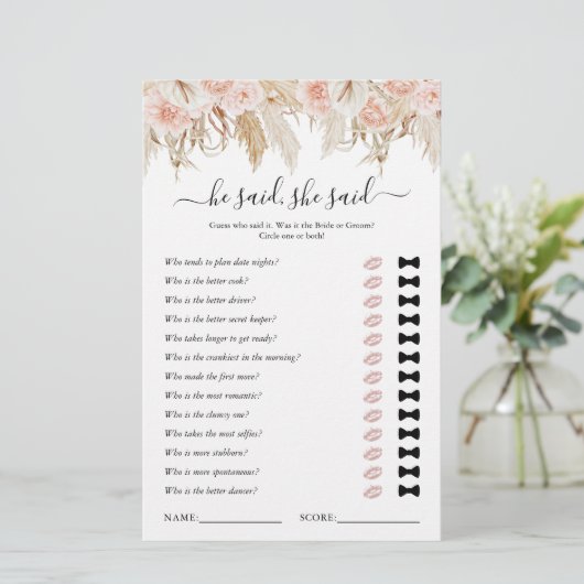 彼は彼女はパンパスグラスブライダルシャワーゲームと言った (スタンド正面)