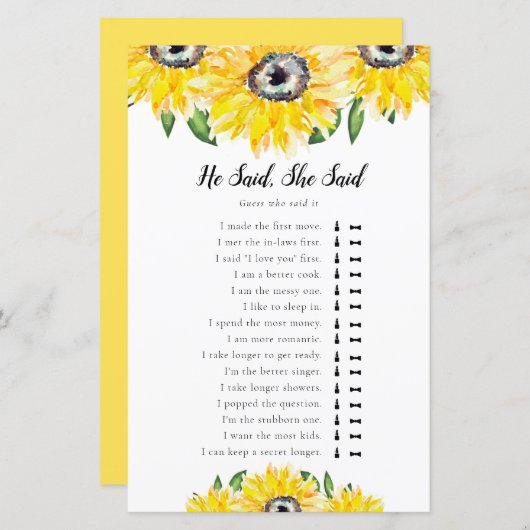 彼は彼女はヒマワリのブライダルシャワーゲームを言った (正面/裏面)