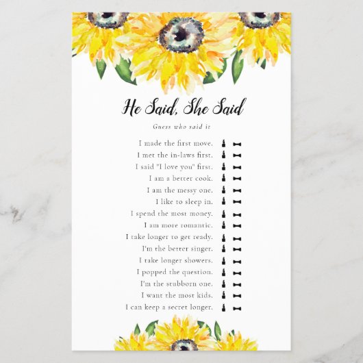彼は彼女はヒマワリのブライダルシャワーゲームを言った チラシ (正面)