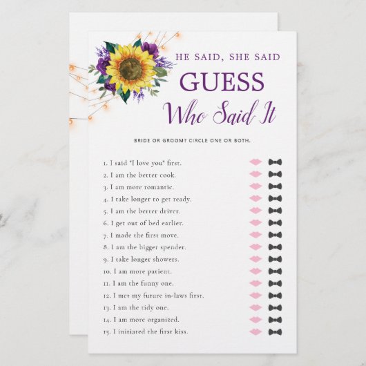 彼は彼女はヒマワリ紫色のライトブライダルと言った (正面/裏面)