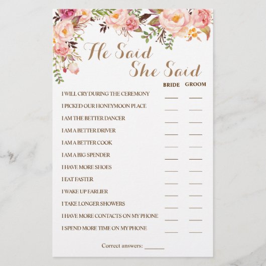 彼は彼女はピンクのカップルのシャワーゲームカードを言った チラシ (正面)