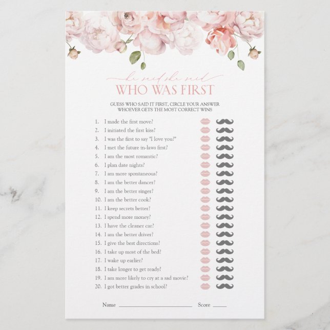 彼は彼女はピンクの花のブライダルシャワーゲームを言った (正面)