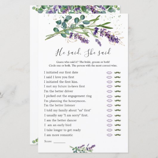 彼は彼女はブライダルゲームのラベンダーのユーカリと言った (正面/裏面)